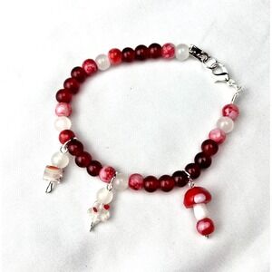 Handmade Beaded Bracelet Mushroom Charm Red White Glass Forestcore Cottagecore